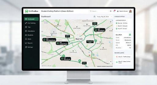 OnTheBus school admin dashboard with live bus map