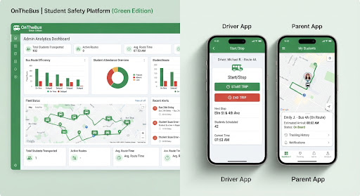 OnTheBus ecosystem across admin, driver, and parent apps